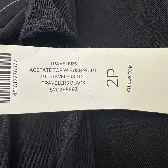 Chico's Shirt Size 2 P NWT Travelers Black Acetate Top Rushing PT Short Sleeve - Picture 11 of 16